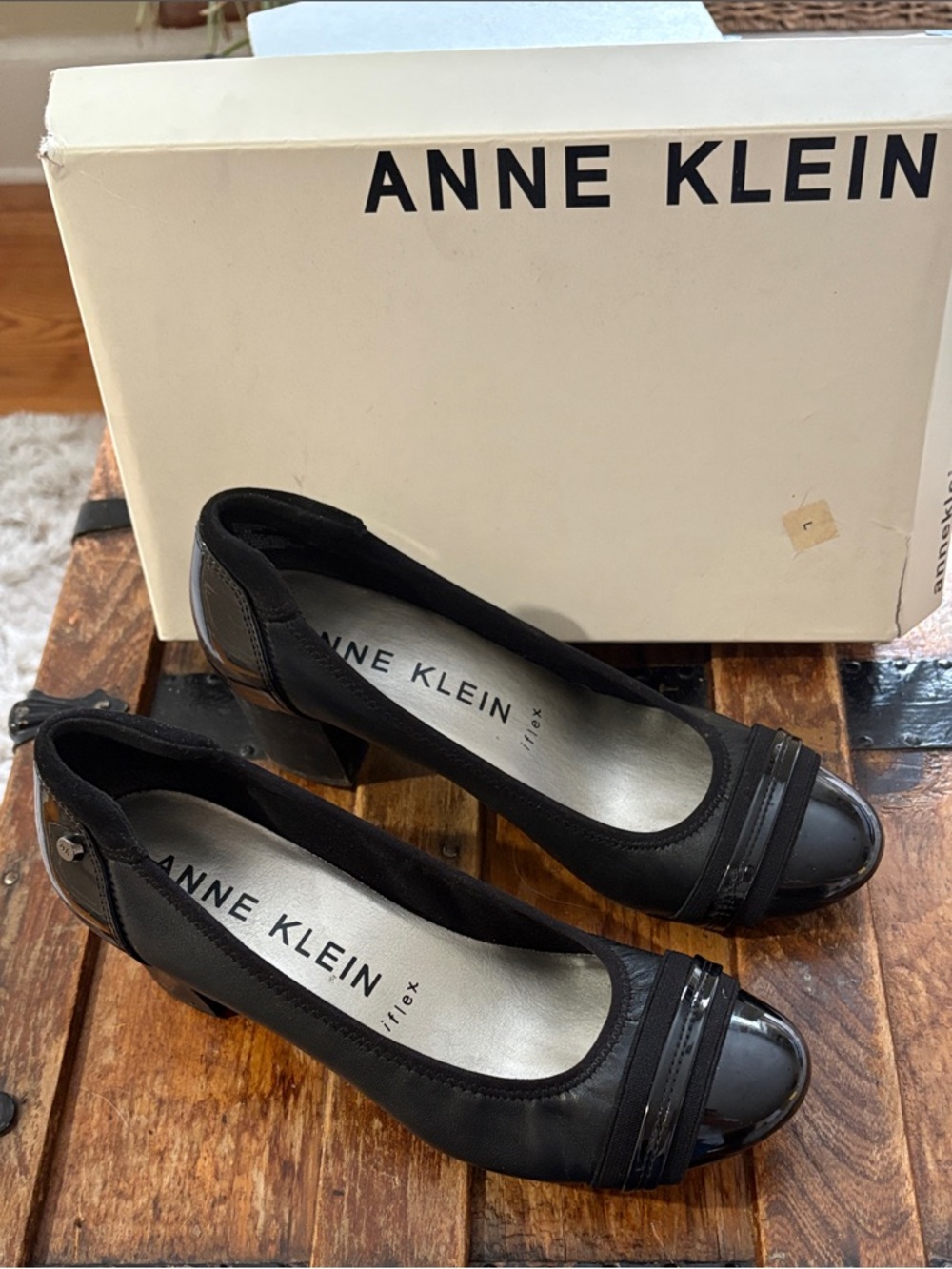 Anne Klein Black Low Block Heel Peep-Toe Pumps
